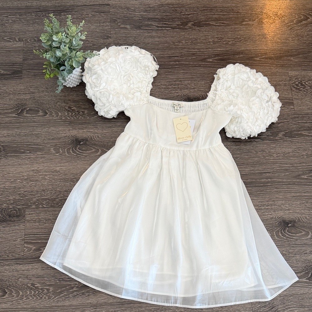 NWT White Dress with Floral Puff Sleeves